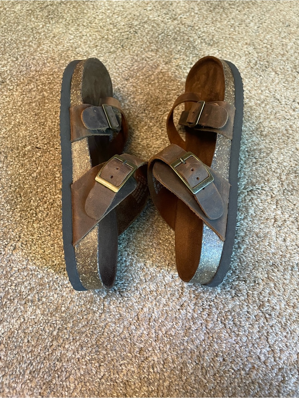 Mountain Sole Brown Leather Buckle Strap Sandals Slip On Flat Size 7 Birk Style - Picture 5 of 9